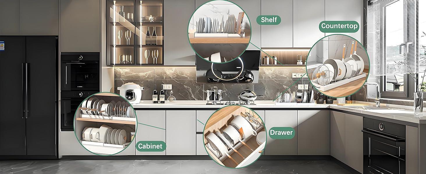 Metal Expandable Kitchen Pot and Pan Storage Rack - Adjustable Partitioned Holder for Pot Lids, Baking Utensils, Under-Cabinet Use - Home Supply Kitchen Accessory, Racks