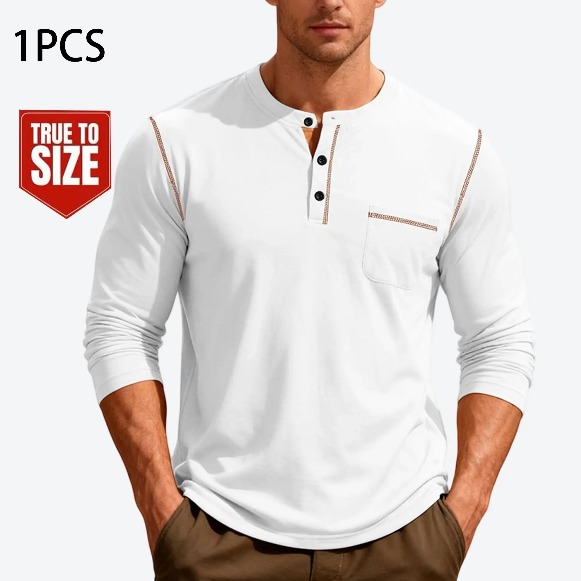 Men's Casual Long Sleeve Henley T-shirt with Contrast Stitching, Stylish Pocket Tee Made from Soft, Breathable, Pilling-Resistant Fabric, Tshirt, Garment, Menswear, Henley Shirt, Simple, Elastane
