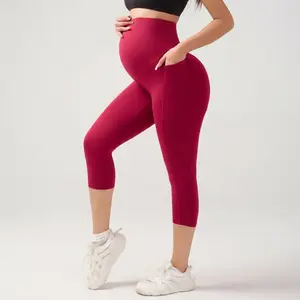 Women's Over The Belly Maternity Capri Leggings - Soft High Stretch Pregnancy Yoga Pants - Tummy Control Compression Prenatal Fitness Bottoms - All Seasons Maternity Clothing - Clean Mom Hot Mom Walk Pilates Princess Aesthetic