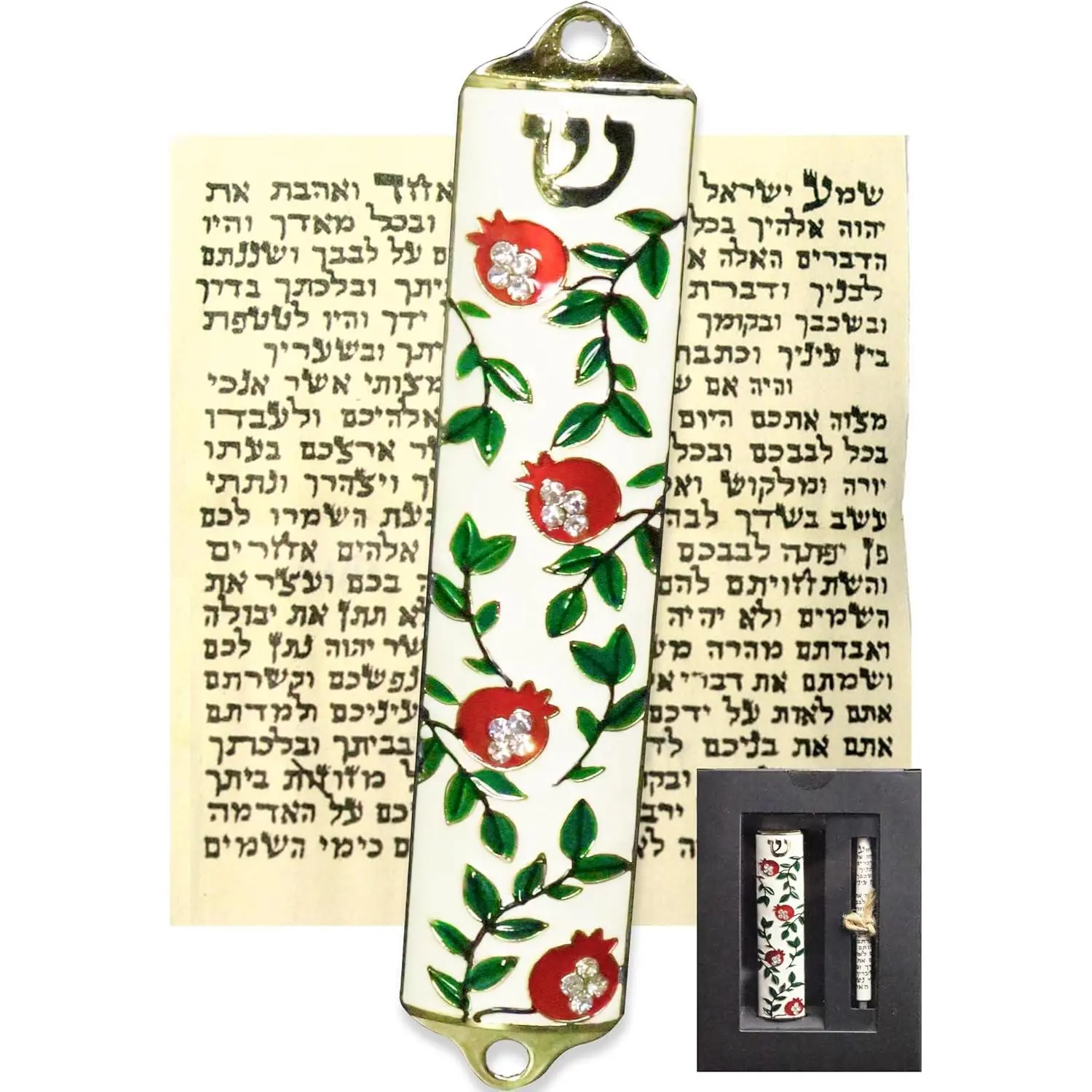 Exquisite Enamel Design Mezuzah with Scroll, Easy Install Use Double-Sided Tape, Pomegranate Theme Mezuzah for Door with Crystal Diamond Accent for Any Memorable Jewish Occasions, 3.8"