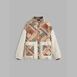 Cider [size 2-10] Fleece Stand Collar Floral Colorblock Drawstring Jacket