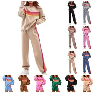 2-piece lounge set for women featuring rainbow striped sweatshirts, loose-fit pants, color-blocked designs; sweatsuits/tracksuits; casual plus-size clothing; ankle-length long sleeves; trendy, cute womenswear; athletic bodycon styles; comfortable fit