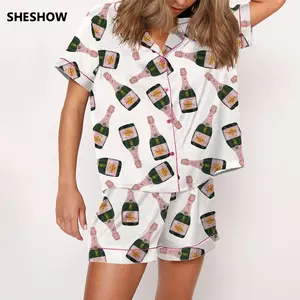 Champagne Bottles Pajama Set For Women Print Comfy Satin Sleepwear & Loungewear Pjs Printing Silky Top & Bottoms - SHESHOW