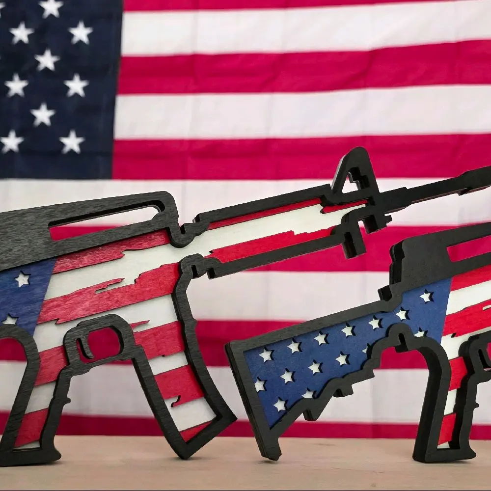 3D Layered American Flag Rifle Wall Art | Laser Cut Birch Wood Patriotic Decor Wooden Decoration