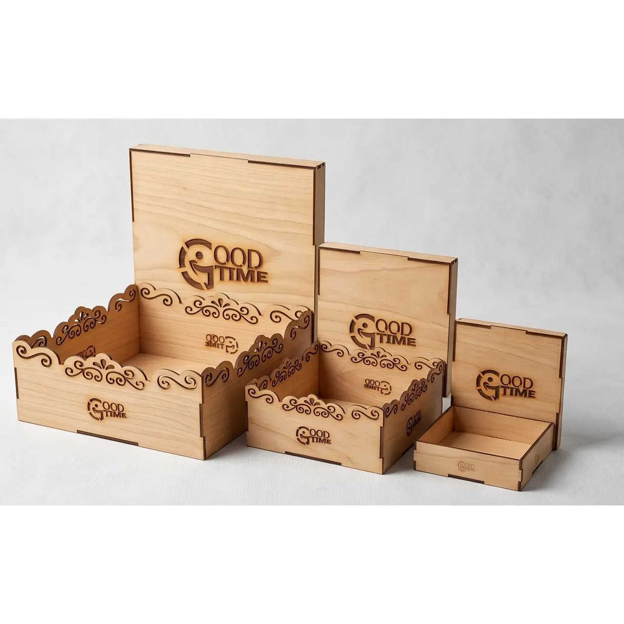 Good Time Wooden Storage Boxes with Elegant Scroll Design for Organizing and Displaying Items