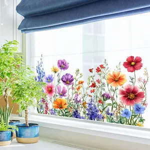 Reusable Bright Floral Decorative Window Stickers, Colorful Meadow Wildflowers Glass Decals, Spring Skylight Decor, European Style