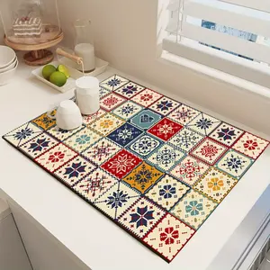 Bohemian-style Drying Mat - Super Absorbent, Quick-drying, Non-slip, Heat-resistant Diatomaceous Earth Countertop Mat, Retro Mosaic Floor Mat, Suitable for Dining Tables, Coffee Machines, Washing Machines, Kitchens, Bathrooms, Stylish Home Decor