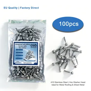 100Pcs 410 Stainless Steel Hex Washer Head Self-Drilling Screws With EPDM Washer No Pre-Drilling For Metal Roofing Sheet Metal And Garage Repair