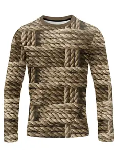 Men's Comfortable Casual Sporty 3D Rope Print Round Neck Long Sleeve T-Shirt, Fitted Style, Spring & Fall Fashion, Long Clothing Length, Casual Streetwear Top