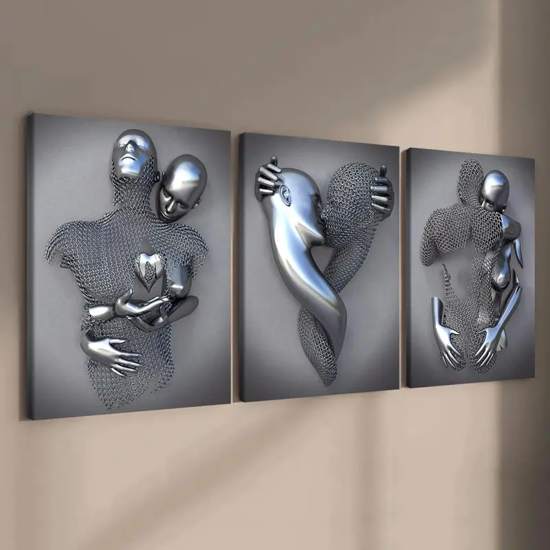 Wooden Framed Canvas Painting, 3 Counts Abstract Metal Figure Pattern Creative Wall Art, Modern Art Wall Decor for Home Living Room Bedroom