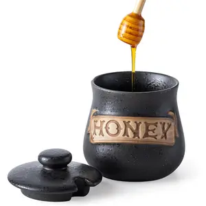 12OZ Honey Jar with Dipper and Lid Ceramic Honey Pot Container Large Honey Jars Dispenser Multi-Use for Chocolate Syrup Agave Fits Farmhouse Kitchens Dinner Parties Gifts Black