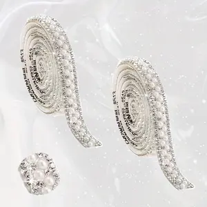 Rhinestone Ribbon, Glitter Trim Ribbon, 2 Rolls Self Adhesive Crystal Pearl Ribbon, Rhinestone Strips for DIY Wedding Birthday Party Crafts Decoration