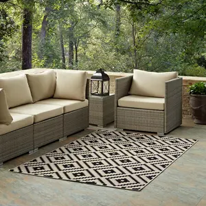 Modway Perplex  Geometric Diamond Trellis 5x8 Indoor and Outdoor Area Rug in Black and Beige