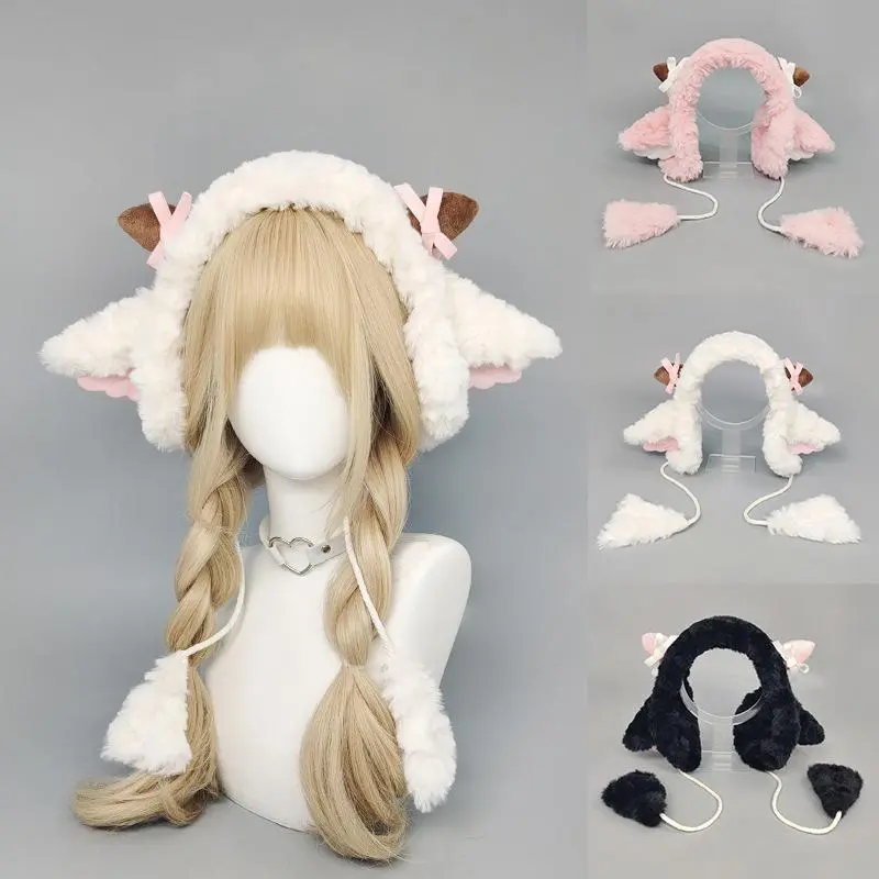 Furry Sheep Lamb Ears Horn Earmuffs Hat Cute Plush Caps Headwear Fluffy Fursuit Cosplay Performance Props Costume Accessories