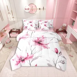 Feelyou 7-Pc Boho Watercolor Floral Bedding Set - Soft Texture Pink Queen Comforter Set with Sheets & Throw Blankets, Elegant Bed-in-A-Bag for Young Women, Multi-Size Option