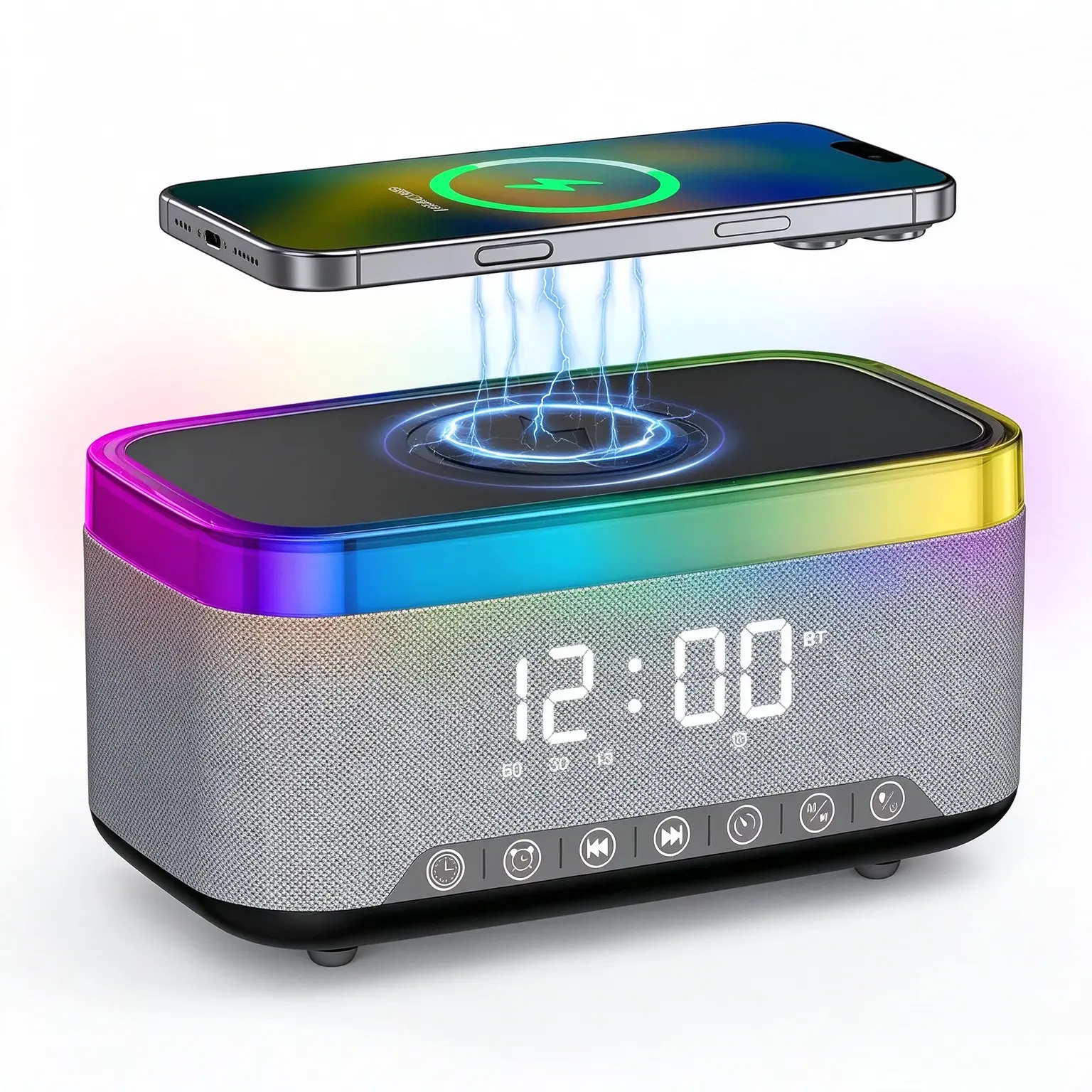 All-in-1 Table Alarm Clock, Bluetooth Speaker with 15W Wireless Charger, White Noise & LED Light