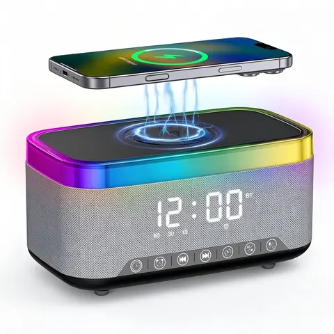 All-in-1 Table Alarm Clock, Bluetooth Speaker with 15W Wireless Charger, White Noise & LED Light