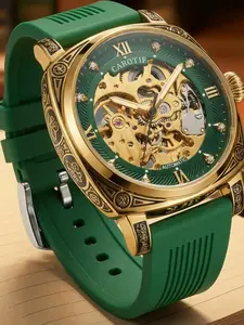 A men's vintage green silicone strap with a carved polygonal large dial and rhinestone hollow out luminous waterproof fully automatic mechanical watch Skeleton Watches