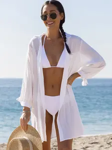 Popvil Monochrome Pocket Design Blending Basic Cover-Ups Solid Colors Button Design Cover Ups for Women(Only Cover-up) Clothing Beach