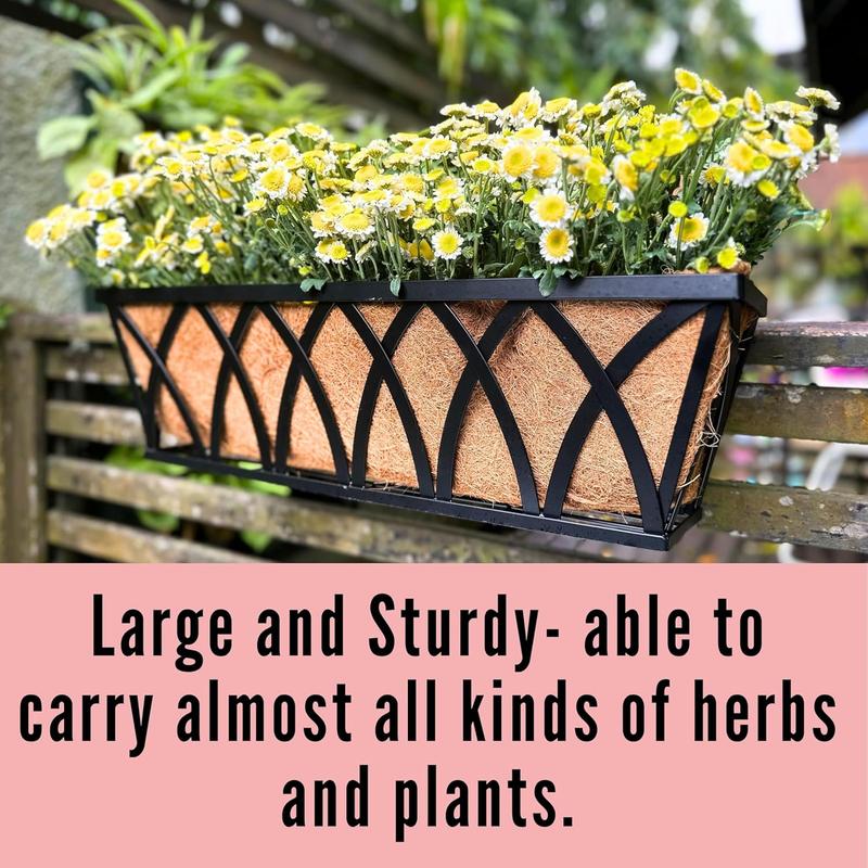 LaLaGreen Railing Planter Boxes (24 Inch, 2 Pack) Black Metal Rectangular Window Flower Box with Coco Liner, Hanging Planters for Outdoor Plants Bracket Holder Deck Rail Fence Balcony Porch Garden