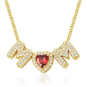 14K Gold Plated Love Heart Birthstone Necklace, Personalized Bubble Letter Mom Necklace Necklace, Christmas Gifts for Women,Mother's Day,Personalized Gifts