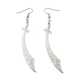 Silver sword medieval scimitar historical dangly long earrings