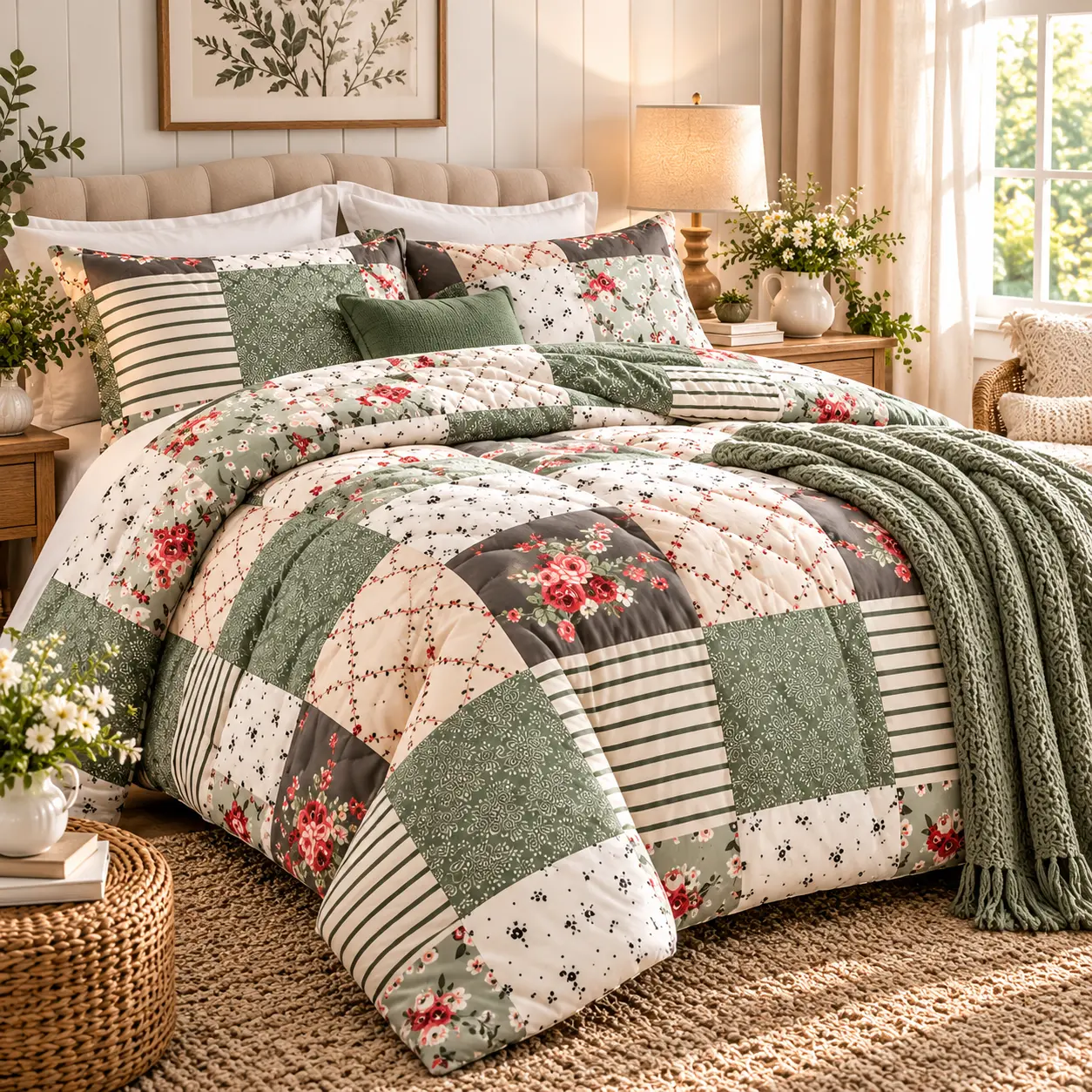 2/3PCS Floral Comforter Set, Soft Lightweight All Season Bedding Set with 1/2 Pillow Shams, Green Red Patchwork Floral Printed Comforter, Breathable Machine Washable Bed Set for Twin Queen King