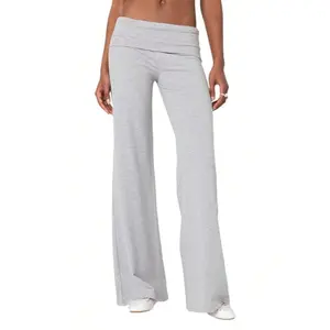 Women Palazzo Yoga Pants Fold Over Flare Leggings Low Rise Color Stretch Wide Leg Pants Comfy Lounge Pants Bootcut Bell Bottoms Baggy Sweatpants Streetwear