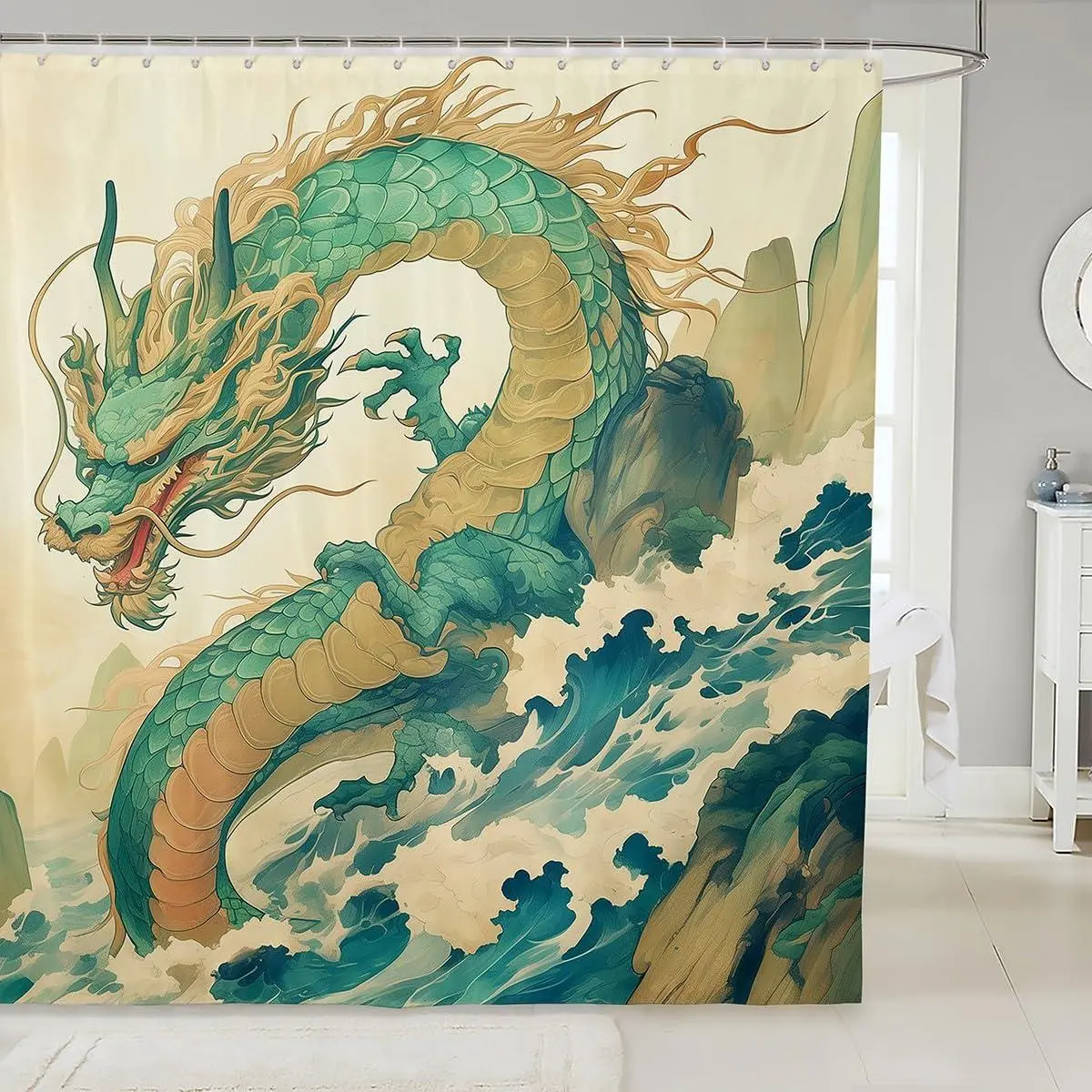 Feelyou Washable Japanese Dragon Ocean Wave Digital Print Polyester Shower Curtain Set - Colorful, Child-Friendly, Character-Themed, Artificial Fabric, Multi-Size Bathroom Curtain, Includes C-Hooks, Ideal for Kids, Colorful Curtains, Child-Friendly Curtai