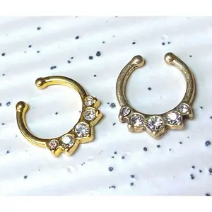 1pc 100% SURGICAL STEEL Non-Piercing Fake Septum Hanger 5 Crystal Gems Clip-on