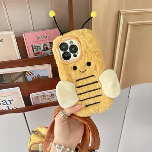 Cute Bee Embroidered Plush Phone Case with Lens Stand, Compatible with Apple iPhone Models 17pro Max to 11, Soft Protective Cover