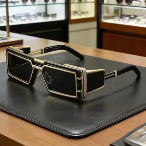 Futuristic Geometric Rectangular Sunglasses for Men & Women, Black Chrome Metal Frame with Cut-Out Accents, UV400 Trendy Y2K Shades for Streetwear & Daily Outfit