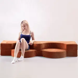 75" Folding Sofa Bed Convertible Futon, Twin Size Sleeper Couch, Washable Velvet Corduroy Cover & High-Density Foam, 2-in-1 Floor Mattress, No Assembly for Living Room/Dorm Blue  U Shape Sofa