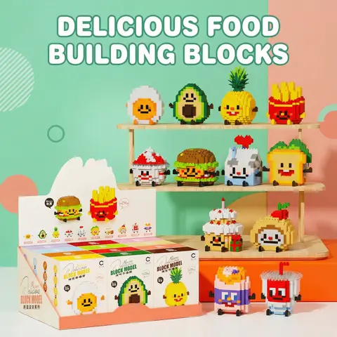 12-Set Happy Food Building Blocks Model Kids Toys - DIY Bricks & Parts Mini 3D Model Building Kits with Burger, Fries, Ice Cream Sandwich, Fruits, 28.6*19.5*27 cm, for 8-12 Year Olds' Open Ended Play, STEM Classroom Prizes, Birthday Gift Ideas