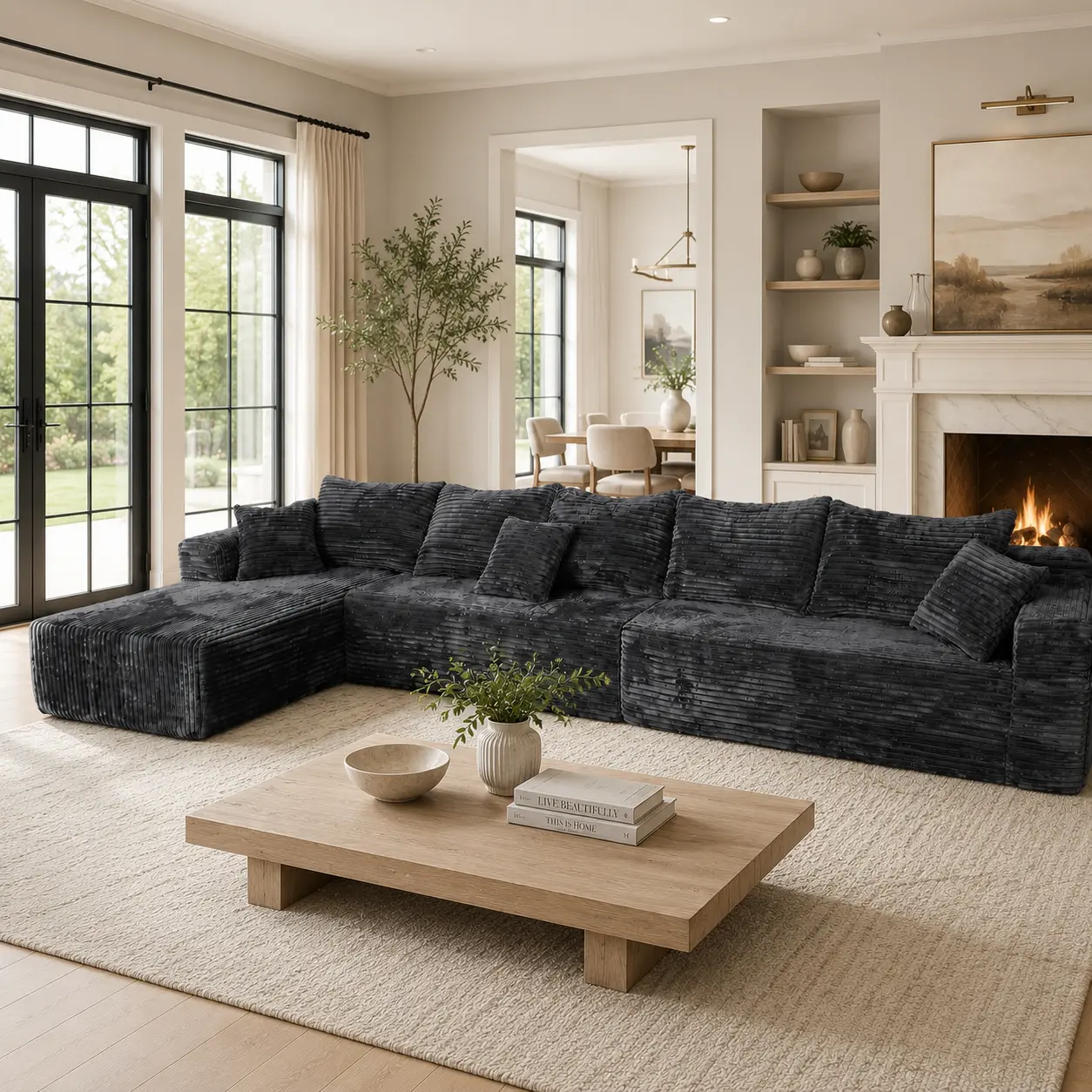 【3 Package Shipping】MomoHaus 164'' Big L-Shape Cloud Sectional Couch, L-Shape Couch with Deep Seat, Sectional Couches for Living Room, Upholstered Living Room Sofa, No Assembly Required, Black, Left Chaise, Corduroy Fabri l-shaped