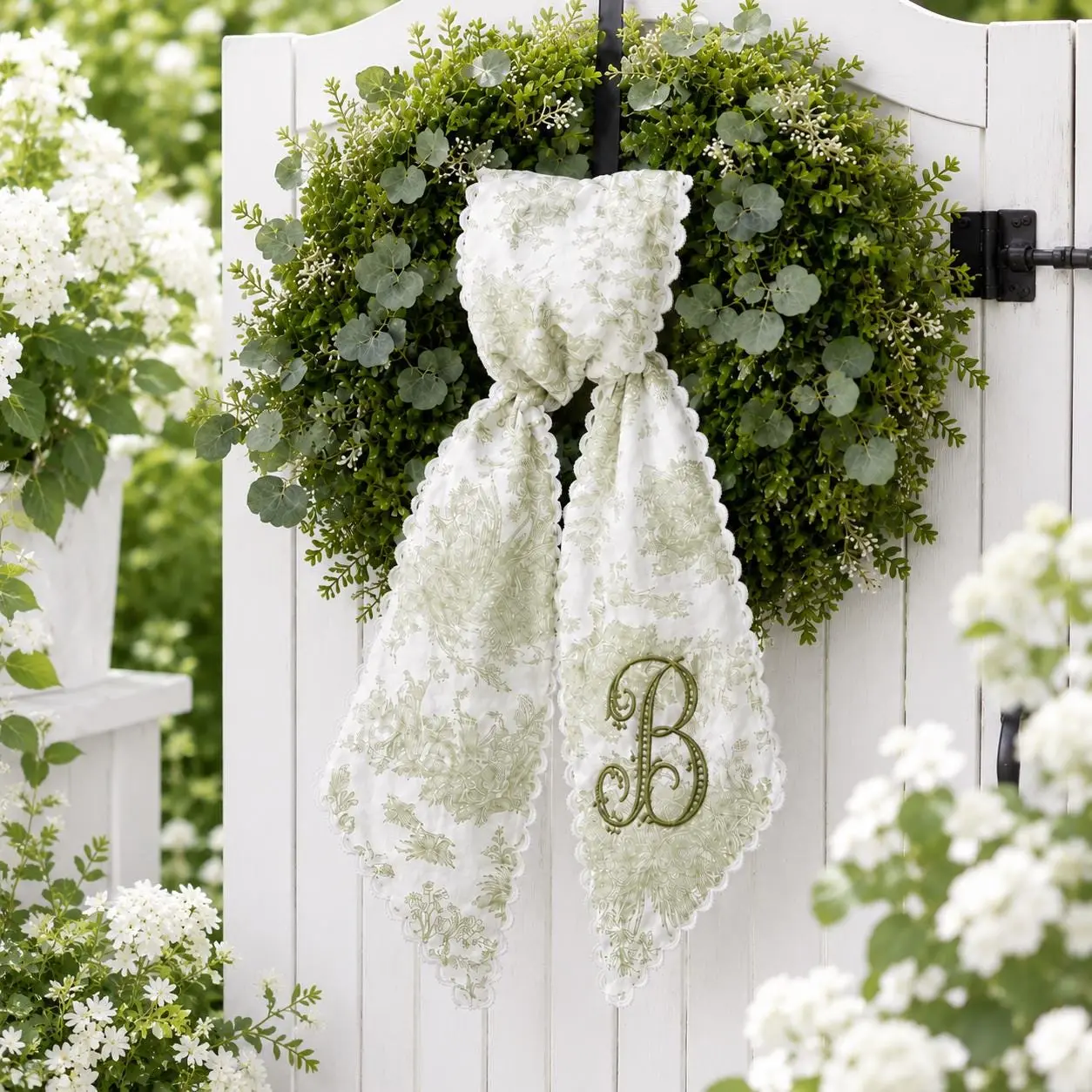 Toile Monogram Wreath Sash, Embroidered Sage Green Door Tie, Grandmillennial Decor
