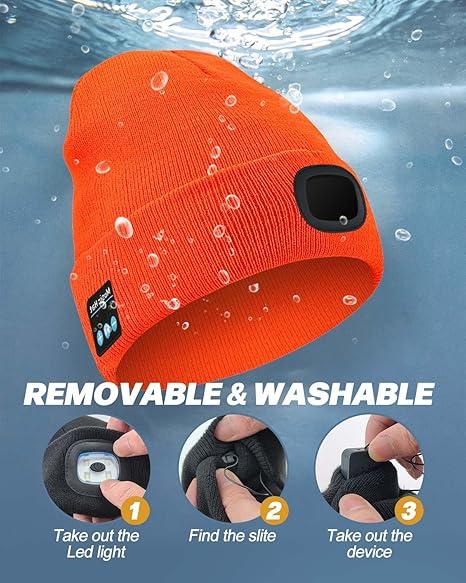 Bluetooth Beanie with a Light, Unisex USB Rechargeable 4 LED Fashlight Hat with Cordless Headphones, Unique Christmas Birthday Gifts for Men Him Husband Teen Black