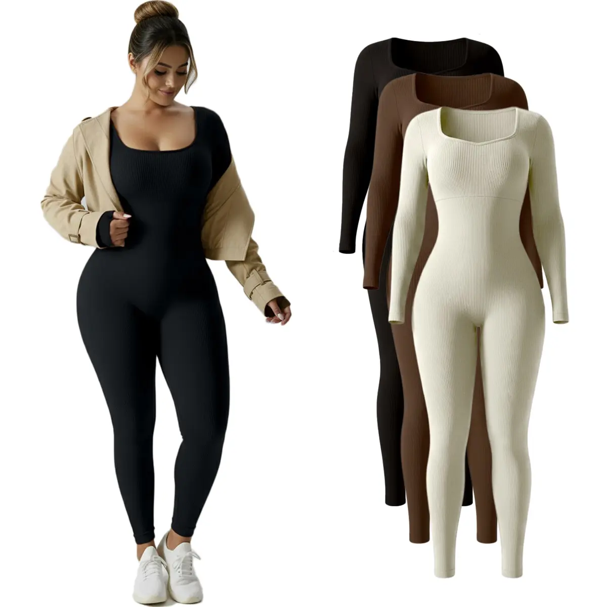 Women's 100% Soft Ribbed Long Sleeve Nylon Knit Shaping Sports Stretchy Workout Jumpsuit - All-Season Activewear Overalls for Gym Fitness, Shaping Yoga Jumpsuit, Sports Jumpsuit