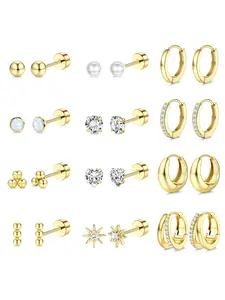 Refined 12 Pairs Golden Flat Back Earring Assortment for Women Men Premium Hypoallergenic Surgical Steel Copper Daily Unisex Wear Versatile Mixed Set Sleek Flat Back Studs Mini Classic Hoops for Multi-piercing Stack Styling on Lobe Cartilage Helix