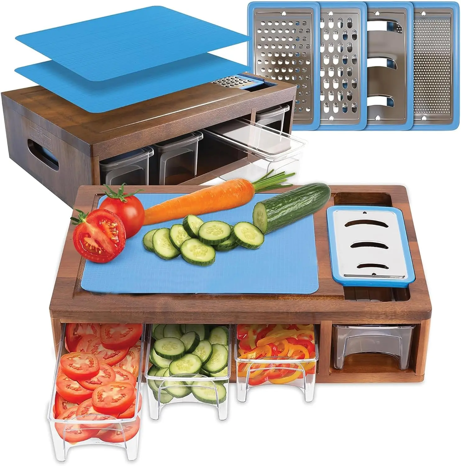 Acacia Cutting Board with Containers & Lids - Board Meal Prep System w 4 Graters, 2 Plastic Chopping Board for Meat, Juice Grooves & More