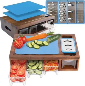 Acacia Cutting Board with Containers & Lids - Board Meal Prep System w 4 Graters, 2 Plastic Chopping Board for Meat, Juice Grooves & More