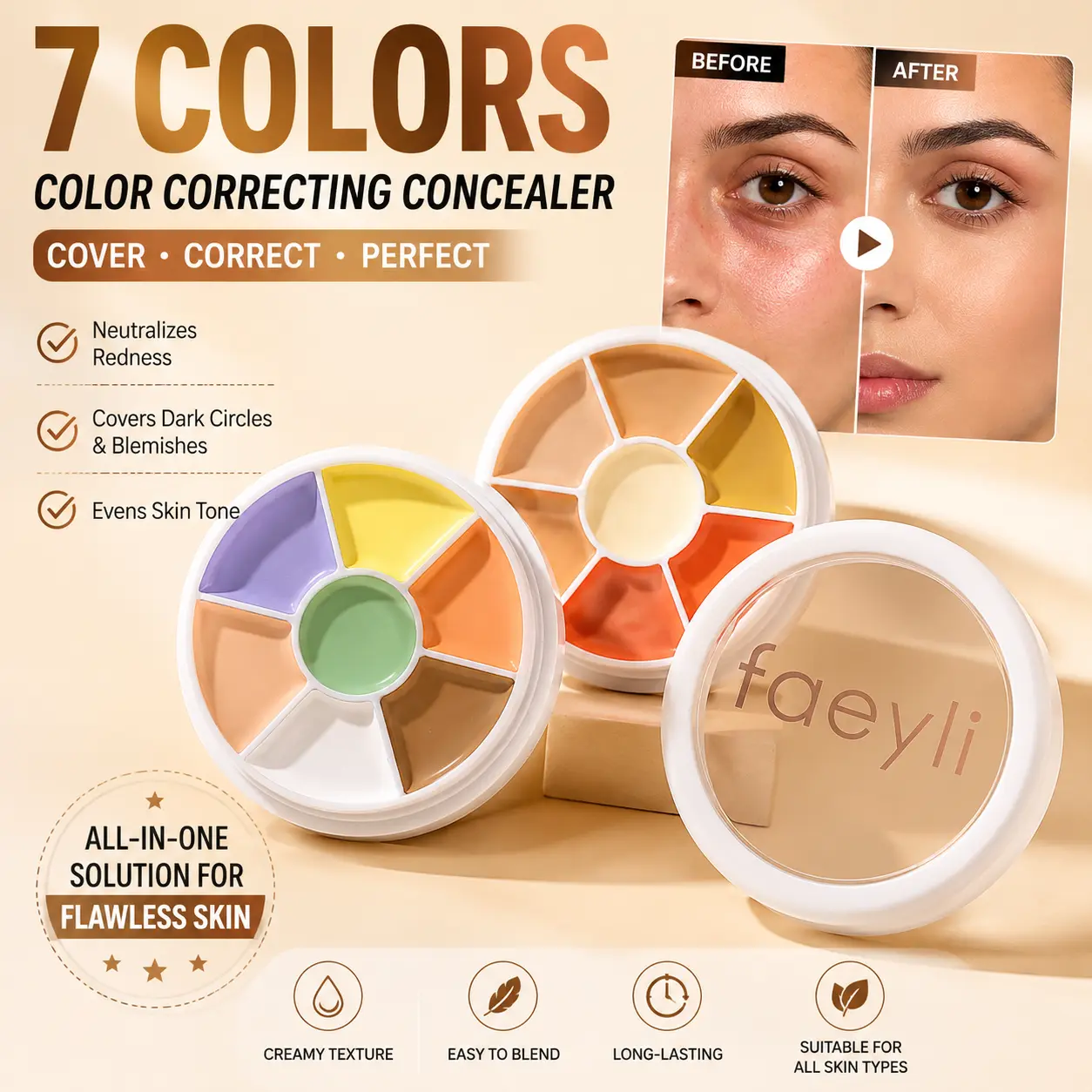 7-Color Color Correcting Concealer Palette 01# - Alcohol-Free Cream Base, High-Coverage, Hydrating Concealer for Dark Spots, Dark Circles, Blemishes, Natural Makeup Look