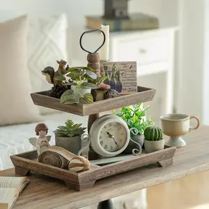 Farmhouse Tiered Tray Stand: Rustic Wood 2 Tier Serving Tray Decor Two Rectangle Wooden for Kitchen Counter Centerpieces Coffee Bar Easter Fall Halloween Thanksgiving Christmas Decors