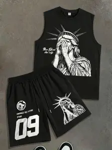 Men's NYC Statue of Liberty 2-Piece Outfit | "New York the City" Graphic Print | Relaxed Fit | Breathable Lightweight Material | Ideal for Street Style, Casual Wear & Summer | Must-Have City Wardrobe Piece