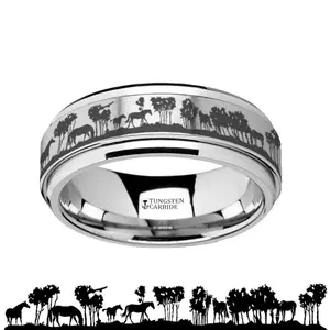 Animal Landscape Scene - Wild Horse - Spinning Tungsten Ring - Spinner Laser Engraved  - Tungsten Carbide Wedding Band - 8mm