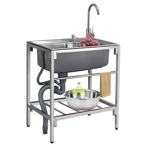 【GARVEE】Single Commercial Kitchen Prep Sink with Free Standing Bowl, Workbench, and Cold & Hot Water Pipe Faucet - Ideal for Restaurant, Laundry, Garage, Bar, Workshop, Dimensions 24x20x41 inches