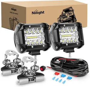 Nilight 2PC 4Inch 60W Triple Row Aluminum LED Work Lights - 6000LM Flood-Spot Combo Bar, Waterproof Car Lights with Clamp-On Adjustable Mount Pillar Hood Bracket, Wiring Harness Kit for Off-Road Vehicles, Truck Accessories