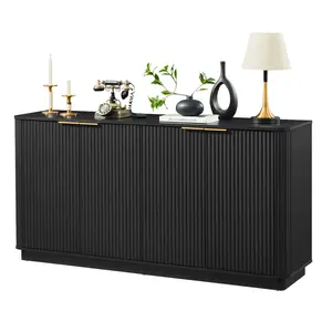 63*15.75*31.5 Inch Black Vertical Wood Grain Sideboard P2 MDF Curved Silhouette Gold Long Handles 4-Door Storage Cabinet 150LBS Top Capacity Multi-Purpose TV Stand Easy Assembly
