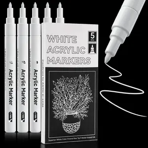 White  Markers Pens, 5 count Extra Fine Tip 0.7mm White Permanent Marker for Highlights and Fine Details  Drawings, Rock Painting, Ceramic,Metal,Glass Fabric,Plastic,