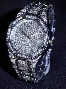 Luxury Ice Men's Watch Street Style Water Diamond Quartz Hip Hop Punk Couple Jewelry Accessory Daily Wear, Golden Band, Metal Case, Rhinestone Watches